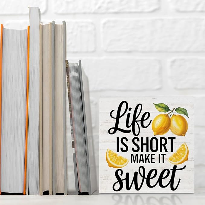 Inspirational Quote Life is Short Make it Sweet Wood Box Sign, Rustic Lemon Print Accessories Wood Plaque, Woods Table Decorative Signs for Office Home Tabletop Shelf, Farmhouse Gifts for Women Family