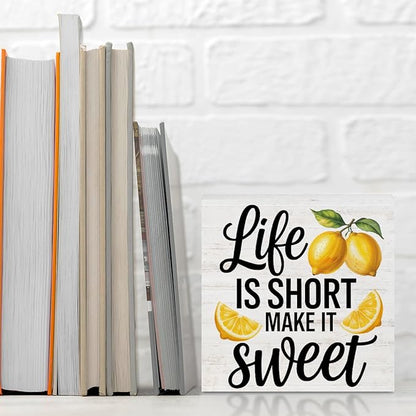 Inspirational Quote Life is Short Make it Sweet Wood Box Sign, Rustic Lemon Print Accessories Wood Plaque, Woods Table Decorative Signs for Office Home Tabletop Shelf, Farmhouse Gifts for Women Family