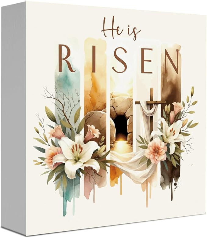 Christian Sign Decor Decorations Religious Jesus Decorations Christian Gifts for Women Home Office Desk Table Shelf Tiered Tray Decor He Is Risen Wooden Sign 5 X 5 Inch
