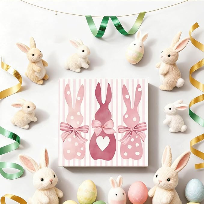 Easter Decorations for Home Rustic Bunny Wooden Box Sign, Pink Spring Rabbit Farmhouse Desk Decor, Happy Easter Shelf Tiered Tray Plaque for Living Room Office 5x5 Inch