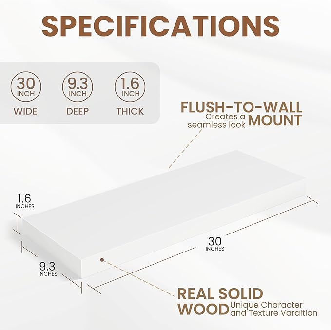 Fun Memories White Floating Shelves for Wall, 30 x 9 Inch Floating Shelf Set of 2, Rustic Natural Wood Wall Shelves, 9