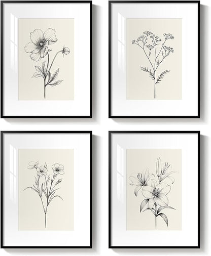 Framed Black and White Botanical Wall Art, Set of 4 Piece Vintage Minimalist Neutral Floral Prints Painting, Farmhouse Rustic Flower Artwork for Bedroom Living Room Fireplace Kitchen Walls, 11x14 Inch