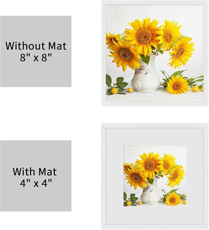 puthiac 8x8 Solid Oak Wood Picture Frame, Fits 4x4 with Mat or 8x8 Without Mat, Wall or Tabletop Display with Stand, Plexi Front, 1 Pack, White