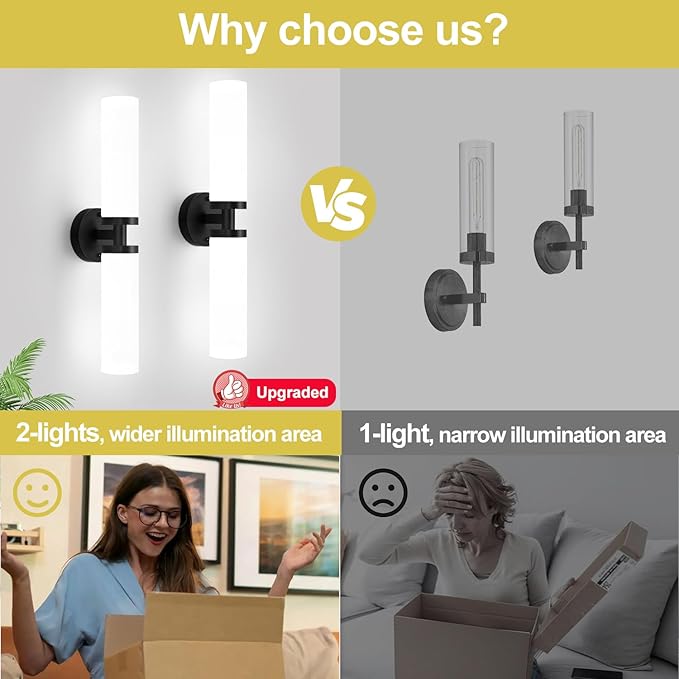 Wall Sconces Set of Two, Matte Black Bathroom Sconces Wall Lighting with Milky White Glass, Modern Sconces Wall Decor Set of 2 Bathroom Light Fixtures for Mirror Living Room Hallway Bedroom