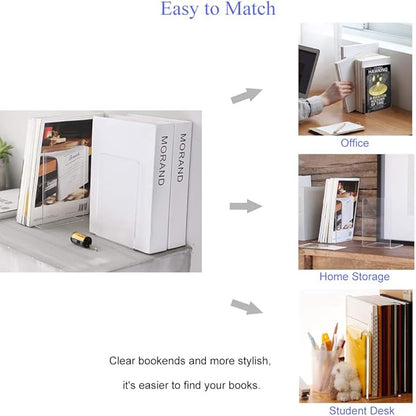MerryNine 2 Pair Plastic Acrylic Bookends Pair Organizer Bookshelf Decor Decorative Bedroom Library Office School Supplies Stationery Gift (3.54x4.72x6.7 Inch)