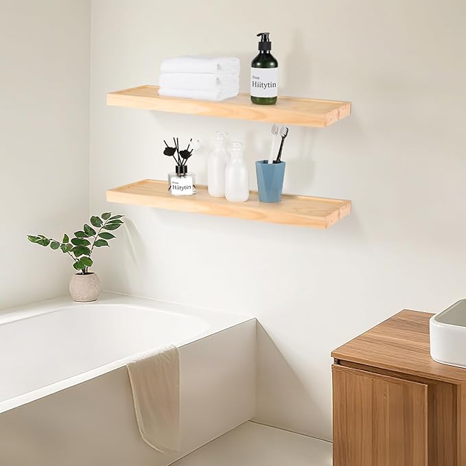 24 inch Bathroom Floating Shelves for Wall - Natural Solid Wood Over Toilet Shelves Set of 2 Decoration for Living Room Bedroom Kitchen Farmhouse 24x6.7 inch - Natural