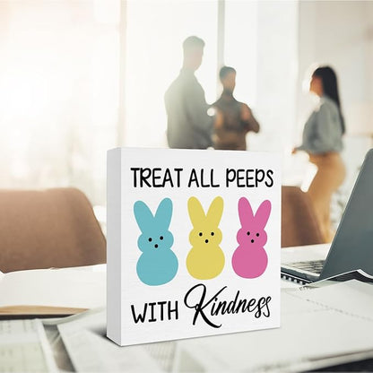 Easter Decor - Easter Decorations - Treat with Kindness Wooden Sign Home Office Living Room Bedroom Desk Table Shelf Decor - 5 x 5 Inches