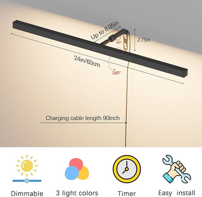 24" Plug in Picture Light for Paintings with Remote Control, 9W LED Art Display Lighting for Gallery, Dartboard, Artwork, Black Wall Mounted Picture Frame Light