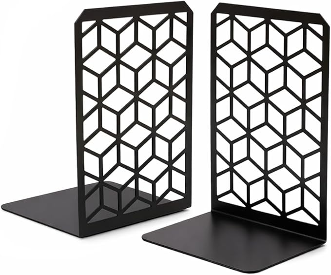 Geomod 3D Cube Black Metal Bookends Decorative for Heavy Books - Sturdy Boho Book Stops - Minimal Book Shelf Stopper - Durable Office Bookends - Weighted Metal Book Holders - 7x4.75 Inches - 1 Pair