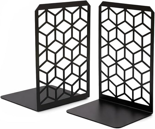 Geomod 3D Cube Black Metal Bookends Decorative for Heavy Books - Sturdy Boho Book Stops - Minimal Book Shelf Stopper - Durable Office Bookends - Weighted Metal Book Holders - 7x4.75 Inches - 1 Pair