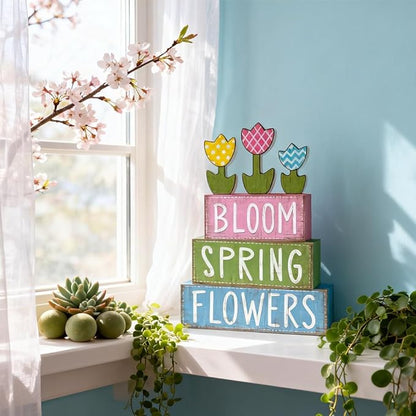 DIYDEC 6Pcs Spring Tabletop Decorations Colorful Tulip Wooden Block Signs Rustic Pastel Flower Tiered Tray Decor Spring Centerpiece Farmhouse Wood Tulip Table Sign for Kitchen Home Office Party Decor