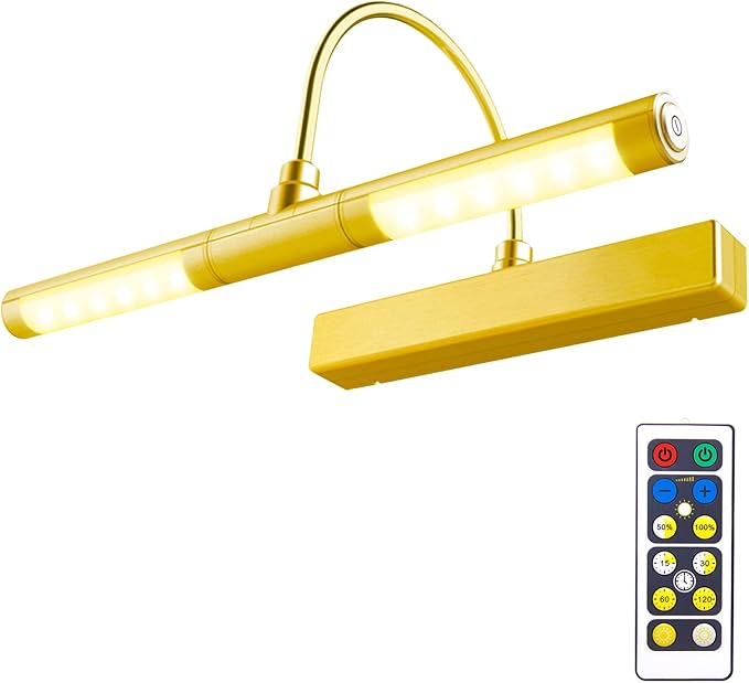 BIGLIGHT Wireless Battery Powered Bright LED Picture Light with Remote Control, 13 Inch Swivel Light Head with 3 Lighting Modes, Dimmable Lamp for Painting Photo Portrait Art Picture Frame, Gold