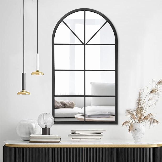 OGCAU Arched Wall Mounted Mirror, 24"x42" Farmhouse Window Mirror with Iron Frame, Wall Decor for Bedroom, Entryway, Living Room (Black)