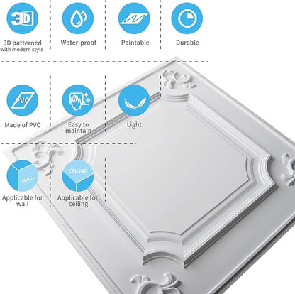Art3d Drop Ceiling Tiles 24x24 in White (24-Pack, 96 Sq.ft), Wainscoting Panels Glue Up 2x2