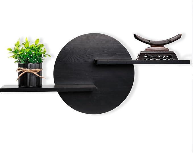 Black Circle Wood Wall Floating Shelf, Round Decorative Display Wall Mount Shelf, Hanging Shelves for Living Room, Bedroom, Bathroom, Home Office Wooden Wall Art Decor