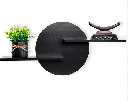 Black Circle Wood Wall Floating Shelf, Round Decorative Display Wall Mount Shelf, Hanging Shelves for Living Room, Bedroom, Bathroom, Home Office Wooden Wall Art Decor