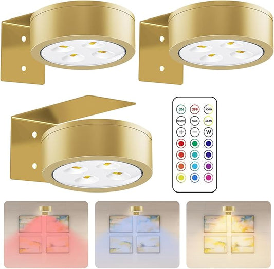 Wireless Battery Operated Painting with Remote Control 13 Color RGB Magnetic Led Art Display Light for Picture Frame, Dimmable and Timer, Wall Decor Display Light 3Pack Gold