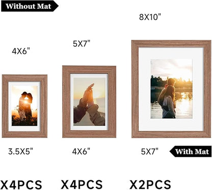 Picture Frames, Made of Real Glass and Wooden Frame, Gallery Photo Frames Set of 10 for Collage Wall Decor, Multi Sizes Including 8x10, 5x7, 4x6 for Mounting or Tabletop Display, Light Brown