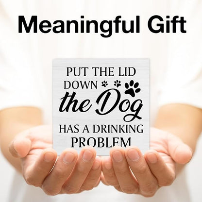 Funny Bathroom Signs Dog Bathroom Decor Rustic Put the Lid Down the Dog Has a Drinking Problem Wooden Sign Home Bathroom Restroom Toilet Table Desk Shelf Decorations 5×5 Inches