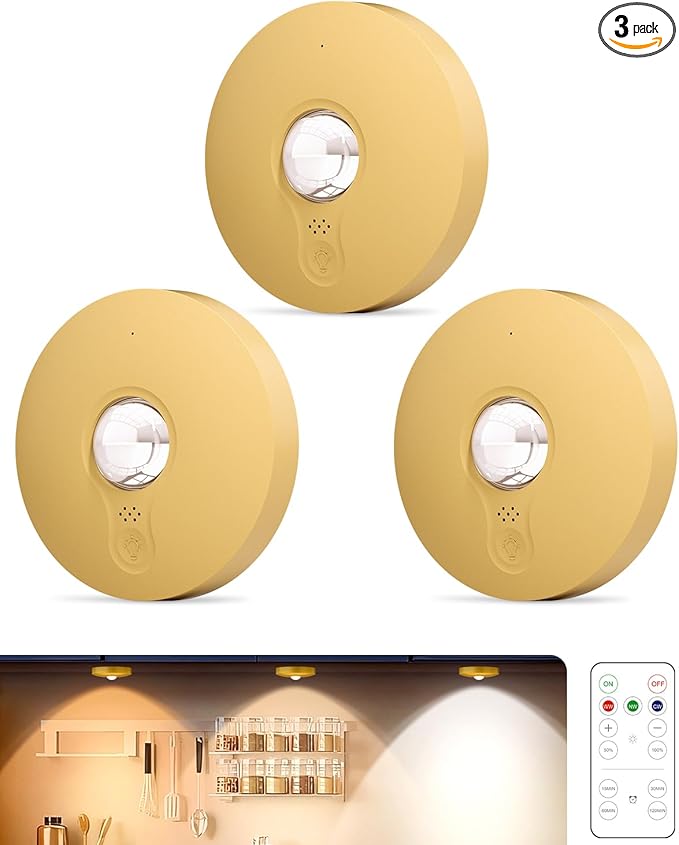 Rechargeable Puck Lights With Remote Control, 1500mAh Battery Operated Tap Lights, Dimmer & Timer Under Cabinet, Wireless LED Stick-On for Closet, Bedroom, Kitchen - Gold 3Pcs