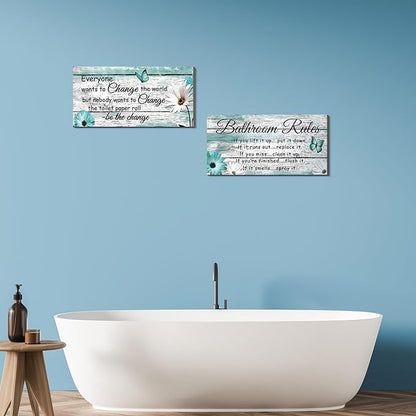 Jetec 2 Pieces Funny Bathroom Signs Bathroom Wall Decor Toilet Wall Accessories Farmhouse Toilet Rustic Wooden Signs, 12x6 Inch(Butterfly Style)