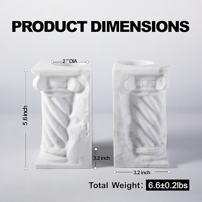 Decorative Roman Column Book Ends & Vase - Heavy Duty Marble Book Ends for Heavy Books, Vintage Home Office Decor, Dual Use as Flower Vase, Natural Stone Bookends for Shelves (2PC, White)