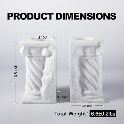 Decorative Roman Column Book Ends & Vase - Heavy Duty Marble Book Ends for Heavy Books, Vintage Home Office Decor, Dual Use as Flower Vase, Natural Stone Bookends for Shelves (2PC, White)