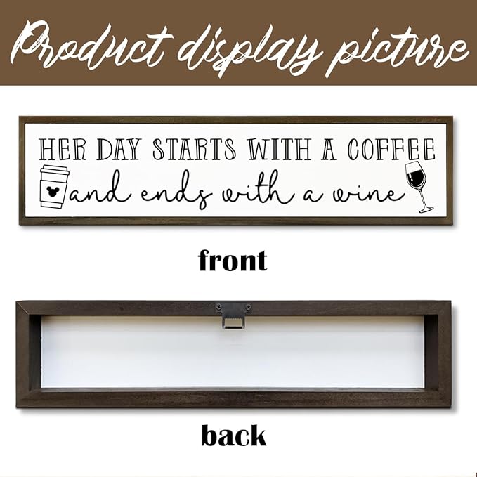 Coffee Wood Signs, Farmhouse Home Kitchen Decor, Rustic Coffees Bar Decors, Wall Decor Art, Her Day Starts with A Coffee & Ends with A Wine Sign, 17.8x4x1.2 inches