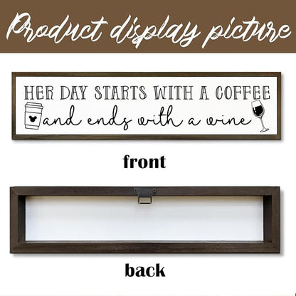 Coffee Wood Signs, Farmhouse Home Kitchen Decor, Rustic Coffees Bar Decors, Wall Decor Art, Her Day Starts with A Coffee & Ends with A Wine Sign, 17.8x4x1.2 inches