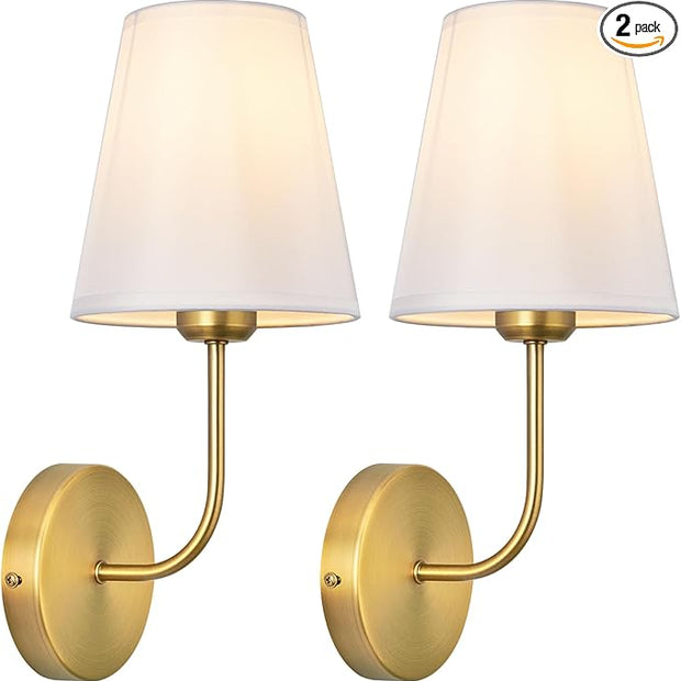 Antique Brass Hardwired Wall Sconce Set of 2 - Gold Finish with White Fabric Shades，Bedroom Lighting, Living Room, Farmhouse, Fireplace, Hallway, Bedside Lamp,Bathroom Wall Lights
