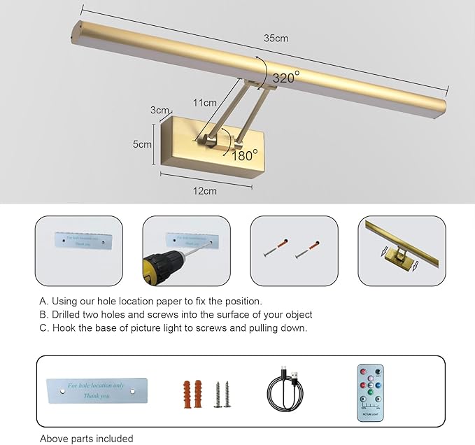 Picture Light,13.5" Art Light, Picture Light Battery Operated,3CCT Picture Frame Light,Wireless Picture Lights for Painting,Wall Display, Photo,Library Gold-Painted