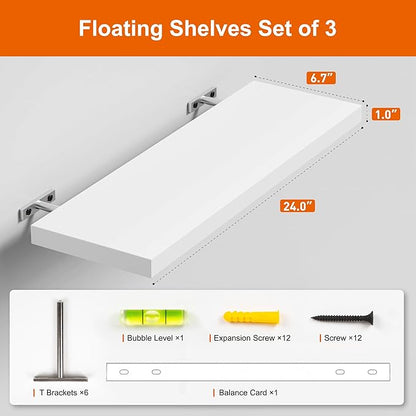 3-Pack 24" White Modern Wooden Floating Shelves, Wall Mounted, Set of 3, 6.7" W x 24" L x 1" H, 25lbs Load Capacity Each, Perfect for Bathroom, Kitchen, Living Room, Bedroom