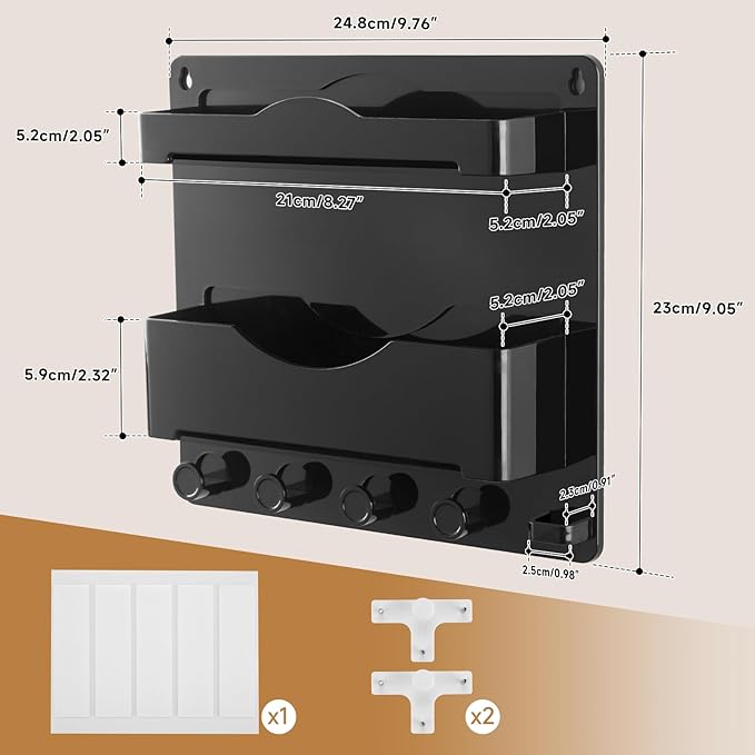 JUMEIHUI Bedside Wall Shelf with Glasses Hooks ，Adhesive Bedside Organizer Wall Mount for Dorm and Room Accessories Phone，Remote，Earphone， Kindle (Black)