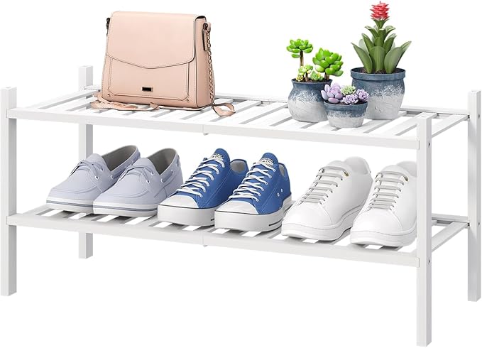 White Shoe Rack for Entryway, 2 Tier Shoe Organizer for Hallway Closet, Bamboo Wood Shoe Racks for Indoor Outdoor (White, 2-Tier)