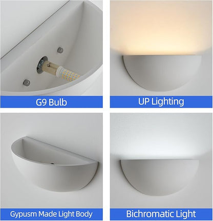 Repaintable Hardwired Wall Sconce, Minimalist Half-Sphere Gypsum Wall Light Fixture, Pure White Wall Mounted Lamp, Classic G9 Bulb Walls Lighting for Bedroom, Living Room, Hallway Decor