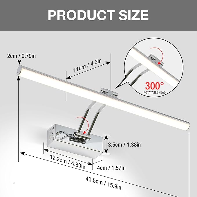 Picture Light, 16 inches Art Light with Remote, Wireless Picture Lights for Wall, Full Metal Battery Painting Lighting for Artwork, Gallery,Mirror (Chrome)