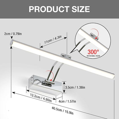 Picture Light, 16 inches Art Light with Remote, Wireless Picture Lights for Wall, Full Metal Battery Painting Lighting for Artwork, Gallery,Mirror (Chrome)