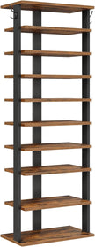 HOOBRO 10 Tiers Vertical Shoe Rack, Wooden Shoe Storage Organizer with Hooks, Narrow Shoe Tower for 20 Pairs, Space Saving, for Entryway, Living Room, Bedroom, Rustic Brown FG140XJ01