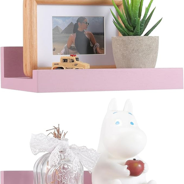 Z metnal Small Floating Shelves, Natural Wooden Display Wall Shelf for Picture Ledge, Nursery Floating Shelves, Wall Mounted, 8 x 5.5 inch, Pink, 2 Pcs
