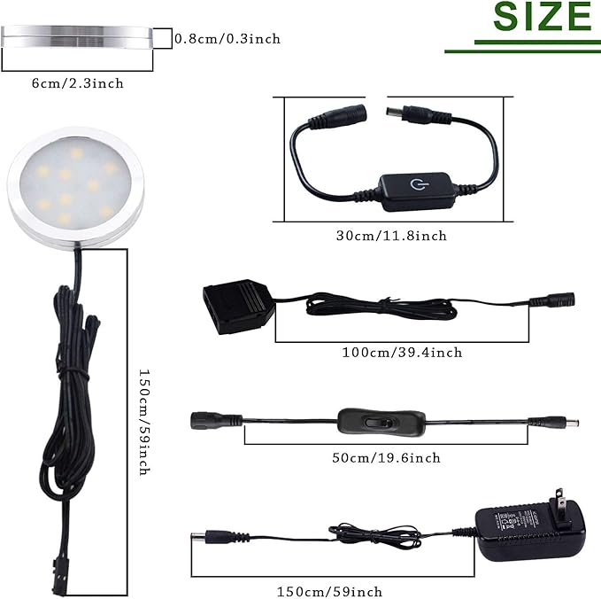 AIBOO Under Cabinet LED Puck Lighting Kit Black Cord with Touch Dimmer Switch for Kitchen Showcase Cupboard Closet Lighting 3 Lights 6W (Warm White)
