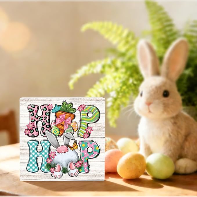 Funny Easter Sign Easter Bunny Decor Decorations Bunny Carrot Spring Flower Table Decorations Decor Indoor for Home Office Desk Table Shelf Tiered Tray Hip Hop Wooden Sign 5 X 5 Inch