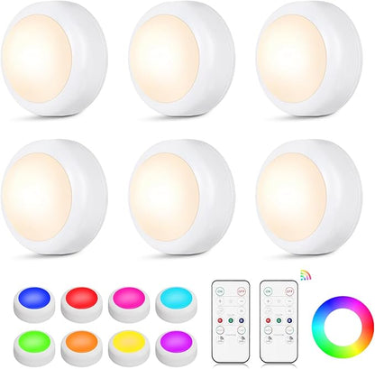 LED Puck Lights with Remote Control, 16 Color Changing Under Cabinet Lighting with Dimmer & Timer, AAA Battery Operated,Under for Closet Bedroom Kitchen, Stair (6 Pack White)
