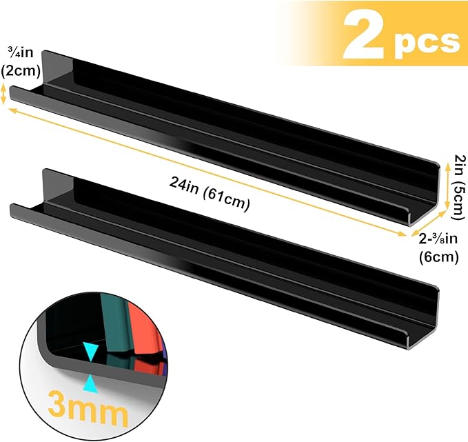 NiHome Set of 2 Magnetic Acrylic Floating Book Shelves, 24 Inches Long for Whiteboard, Classroom and Fridge Storage, Holds Up to 8.5 lbs, Sleek Design Organizer for Large Picture Adhesive (Black)