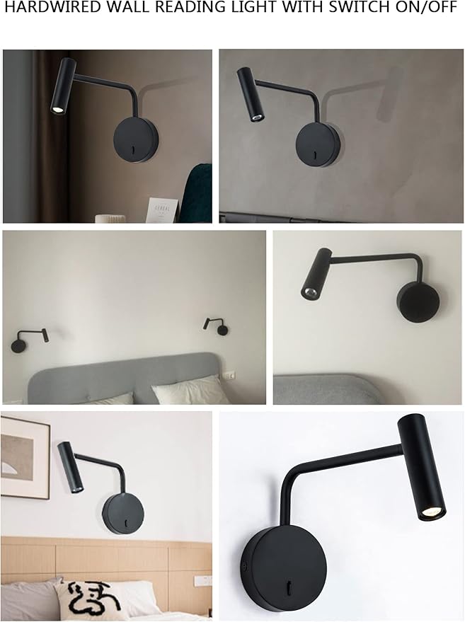 ZEROUNO Wall Mounted Reading Light for Bedroom LED Hardwired Sconce with Switch on/Off Modern 3000K Swing Arm Bedside Wall Mount Lamp (Black)