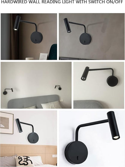 ZEROUNO Wall Mounted Reading Light for Bedroom LED Hardwired Sconce with Switch on/Off Modern 3000K Swing Arm Bedside Wall Mount Lamp (Black)