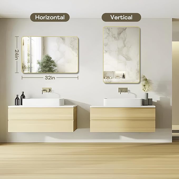 Gold Framed Bathroom Mirror, Brushed Gold Bathroom Vanity Wall Mirror, Rounded Rectangle Gold Frame Mirror, Tempered Glass, Anti-Rust, Hangs Horizontally or Vertically (24