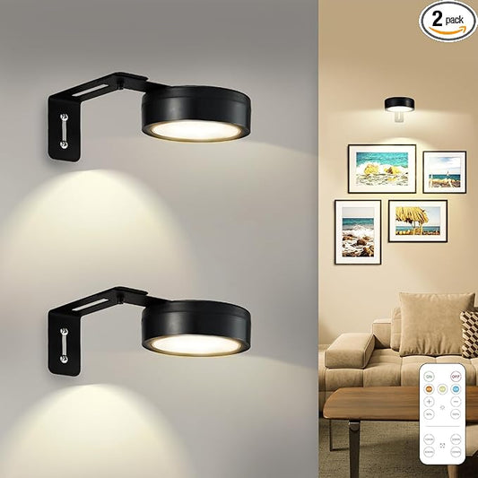 2 Pack Black Battery Operated Picture Light, Wireless Picture Lights for Wall with Remote Dimmable Timer, Lighting Modes Pictures Frame Lights for Artworking,Magnetic Painting Light Wall Decor