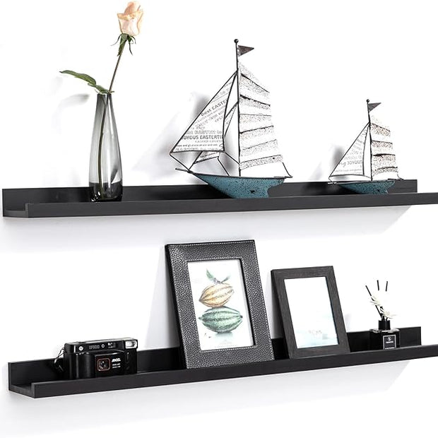 AZSKY Picture Ledge Shelf, Floating Shelves Set of 2, 48 Inches Picture Shelves for Wall with Ledge, Long Shelf Wall Mounted for Living Room Bedroom Decor Books Photo Frames - Black