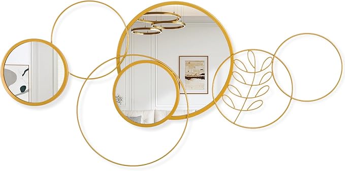 Golden Wall Mirror Set, Wall Mounted Metal Circle Mirror Set Modern Round Decorative Mirrors for Living Room Bedroom Bathroom Entryway 20x40 Inch Home Decor