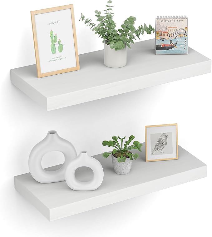 Floating Shelves (Set of 2) – Wall Mounted Shelves for Home Décor and Storage, Natural Pine Wood, Suitable for Living Room and Bedroom (White, 15.7
